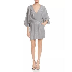HALSTON HERITAGE NWT Size 12 Kimono-sleeve Faux-wrap Dress In Gray/silver